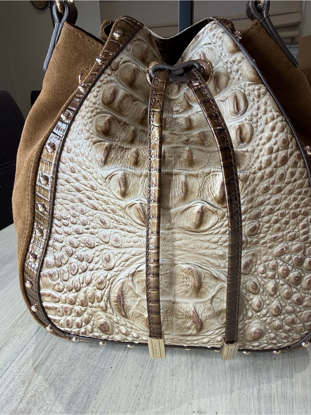 Brahmin Melinda Taupe Ensemble Brown Suede & Cream Drawstring Bucket Crossbody - Picture 2 of 14
